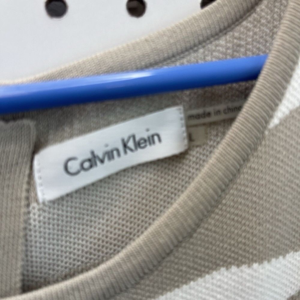 Calvin Klein Dress White/Tan Midi Striped Sz L Classy Great Quality Staple - Picture 2 of 4